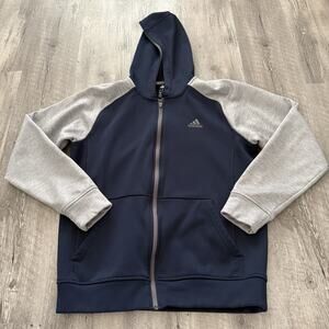 Adidas Jacket Mens Medium Fleece Blue Gray Full Zip Hoodie Pullover Climawarm
